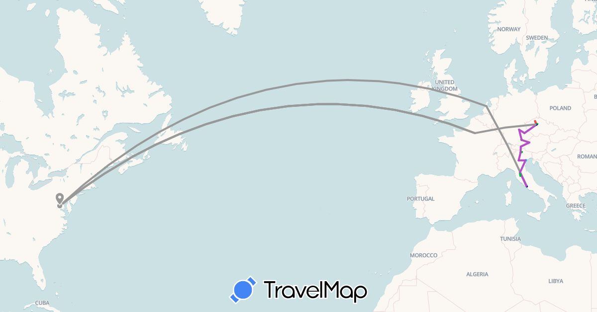 TravelMap itinerary: driving, bus, plane, train, hiking, boat in Austria, Czech Republic, Germany, France, Italy, Netherlands, United States, Vatican City (Europe, North America)